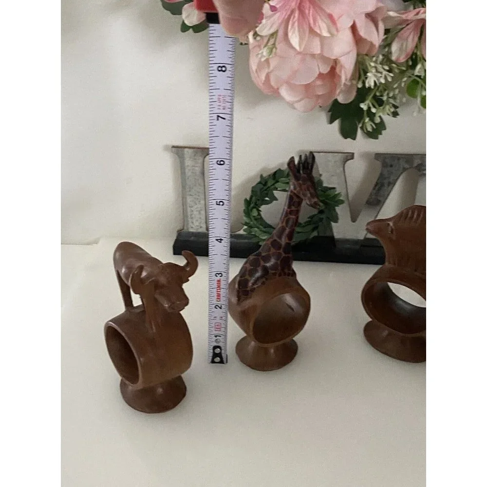 Set of 4 Hand Carved Napkin Rings African Safari Jungle Animal Teak Wood Vintage
